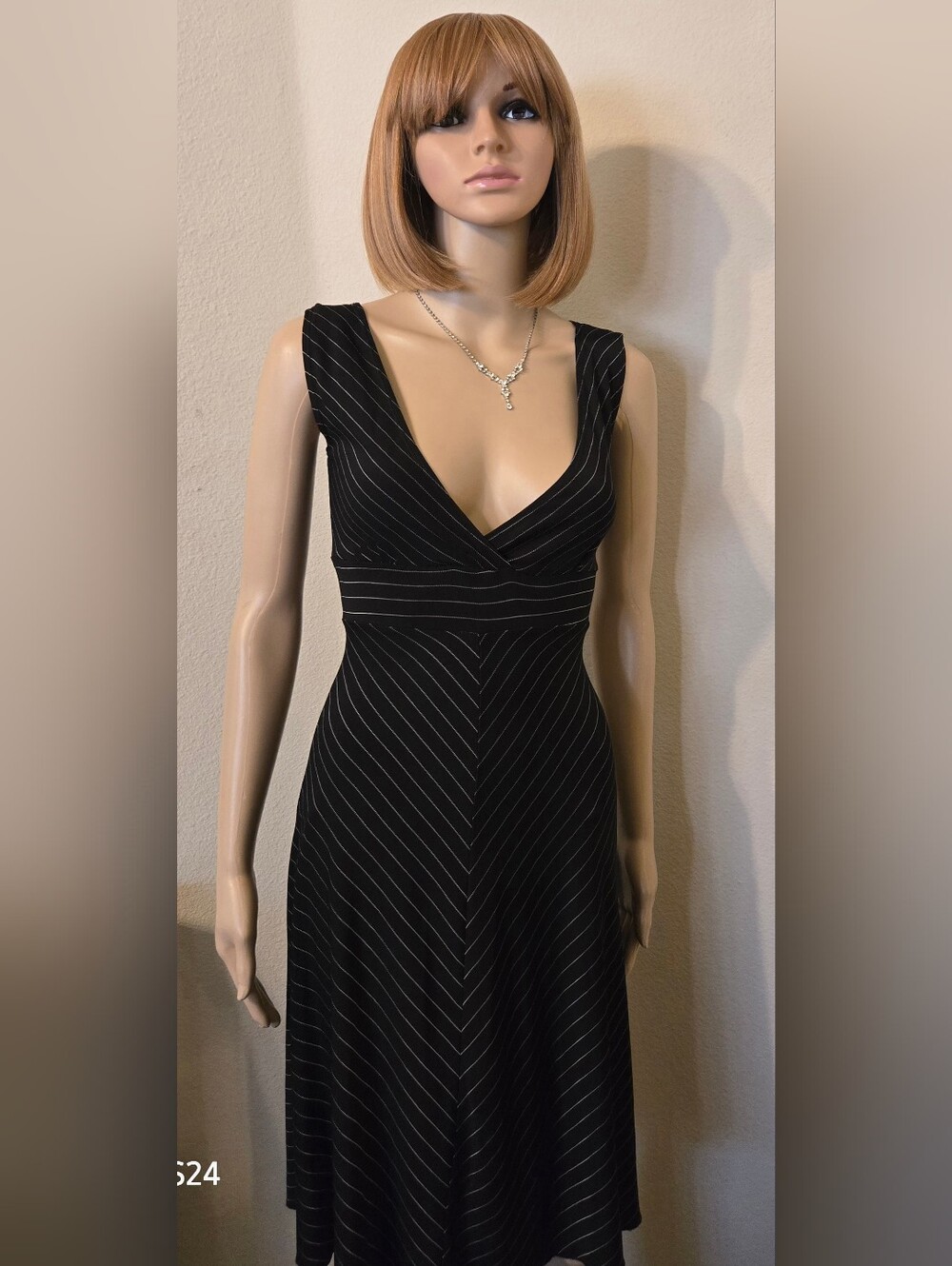 Charlotte Russe Black Pinstripe V-Neck Midi Dress Size S